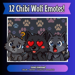 Chibi Wolf Emotes for Twitch, Kick, YouTube & Discord | Cute Wolf PNG Emote Pack | Stream Chat Graphics | Instant Download