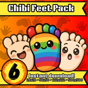 Peut inclure: Un pack d'art numérique intitulé "Chibi Feet Pack" présentant trois pieds de dessins animés avec différentes expressions. Un pied est de couleur arc-en-ciel. Le chiffre "6" est dans un cercle. Le texte "Téléchargement instantané !" est inclus.