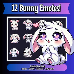 Urocze emotikony króliczków na Twitch | Urocze emotikony Discord z królikiem | Pakiet emotikonów Chibi Bunny | Pastelowe emotikony Twitch | Pakiet strumieniowy PNG z króliczkiem
