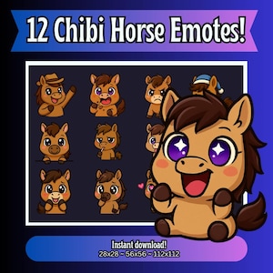 Paquete de 12 adorables gestos de caballos para Twitch, adorables gestos de caballos chibi para Twitch y Discord, descarga instantánea.