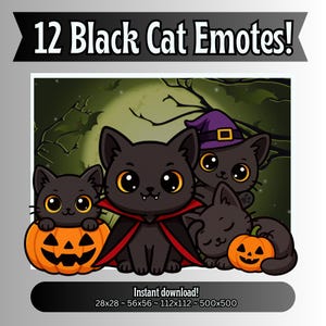 Black Cat Emotes | Halloween Twitch Emotes | Chibi Cat Emotes for Discord | Cute Vampire Cat PNGs | Kick Emotes for Streamers