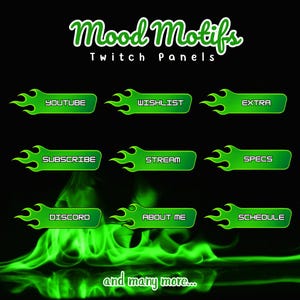 Green Flame Twitch Panels: Neon Fire Stream Overlays (320x160 PNGs)