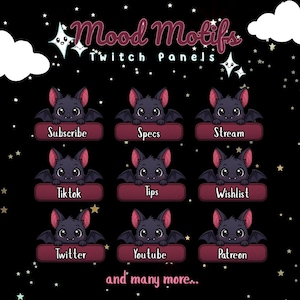 Puede incluir: Un fondo negro con murciélagos de dibujos animados sosteniendo pancartas para paneles de Twitch. Los paneles incluyen "Subscribe", "Specs", "Stream", "TikTok", "Tips", "Wishlist", "Twitter", "YouTube" y "Patreon". El texto "Mood Motifs" está en la parte superior.