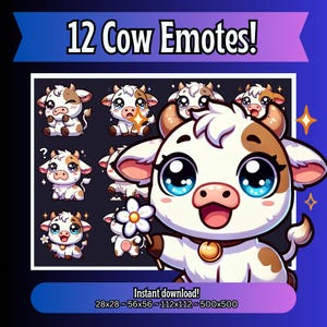 Pakket met 12 schattige koe Twitch-emotes: chibi-emotes voor Twitch and Discord, direct downloaden
