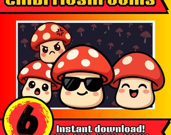Kawaii Chibi Mushroom Emotes, PNG Stream Graphics (Digital Download)