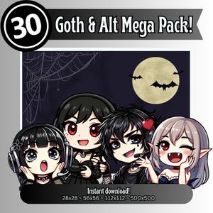 Mega Pack di Emote Goth e Alt per Twitch, Kick, YouTube e Discord / Download PNG / Grafica streaming estetica scura Chibi / Set di vibrazioni Alt Girl