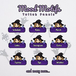 Peut inclure: Ensemble de panneaux Twitch violets avec une sorcière de dessin animé portant un chapeau noir. Chaque panneau affiche un texte tel que "Schedule", "Rules", "Merch", "Links", "Instagram", "Extra", "Twitter", "Tips" et "Wishlist". Les mots "Mood Motifs" et "Twitch Panels" sont également visibles.