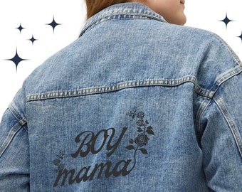 Boy Mama Jeans Jacke für Mütter, Muttertagsgeschenkidee, Denim für Damen, Geschenk für Mama, Mutter Oberteil, Rosen, Schwarze Schrift