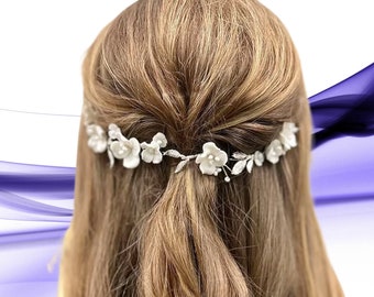 Silver Bridal Hair Vine - White Flower Hairpiece for Wedding, Perfect for Boho Bride, Elegant Addition to Bridal Ensemble