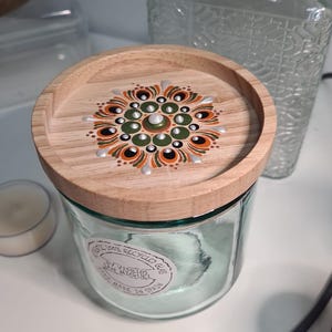 Mandala dot art, kitchen glass container with hand-painted wooden lid image 1