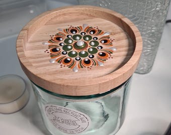 Mandala dot art, kitchen glass container with hand-painted wooden lid
