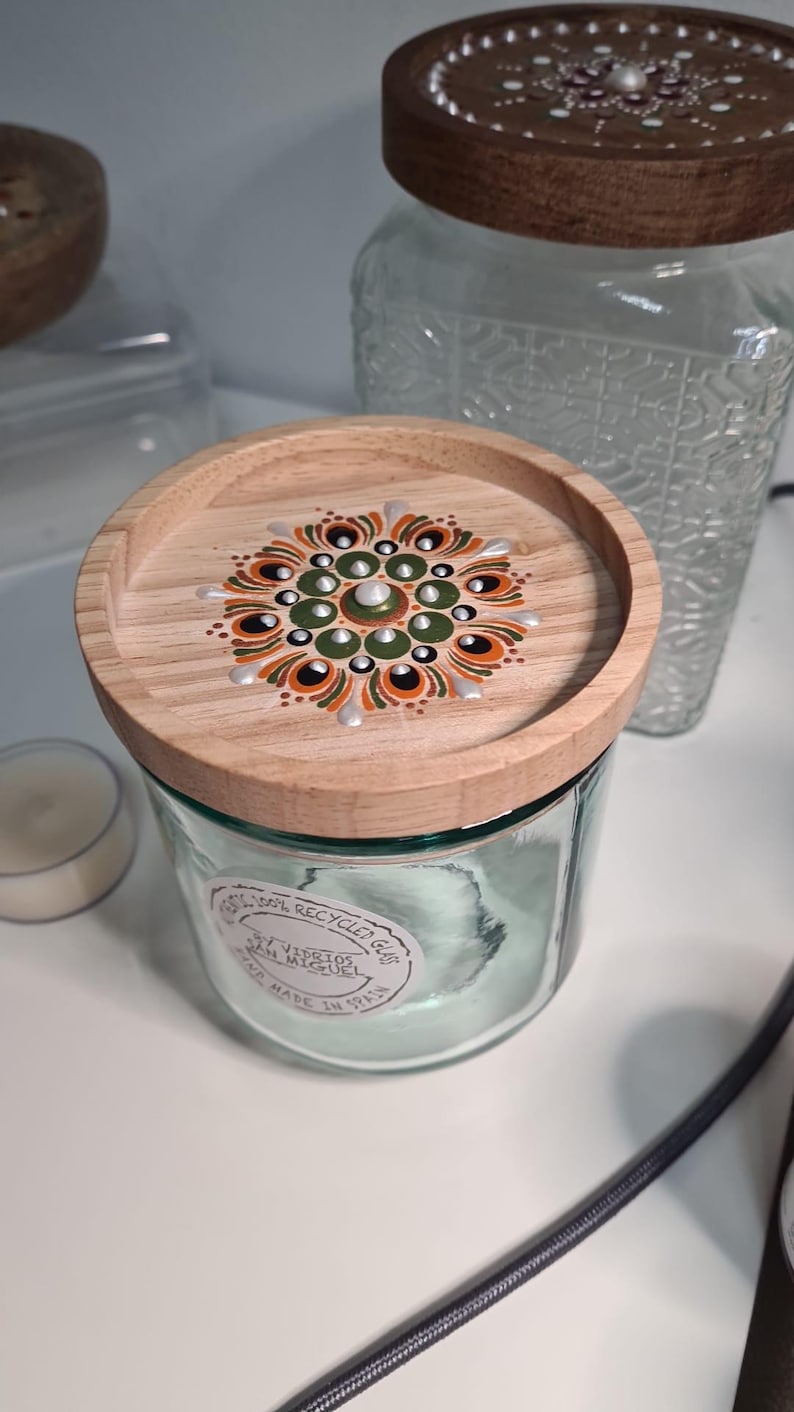 Mandala dot art, kitchen glass container with hand-painted wooden lid image 1