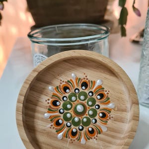 Mandala dot art, kitchen glass container with hand-painted wooden lid image 4