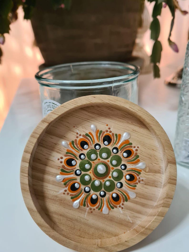 Mandala dot art, kitchen glass container with hand-painted wooden lid image 4