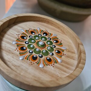 Mandala dot art, kitchen glass container with hand-painted wooden lid image 3