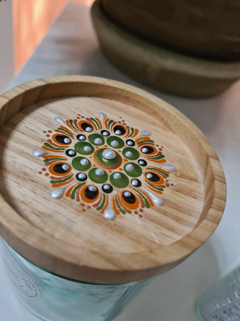 Mandala dot art, kitchen glass container with hand-painted wooden lid image 3