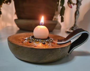Kleine houten kaarsenhouders met leren handvatten, Mandala dott art