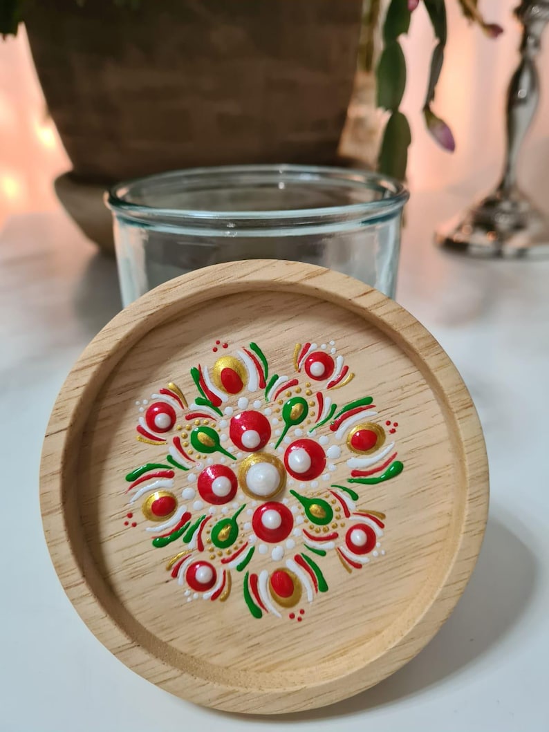 Mandala dot art, kitchen glass container with hand-painted wooden lid image 8