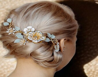 Tocado de novia, flor de peine de pelo, vid de pelo de flores, accesorios para el cabello de boda, tocado de novia de oro, clip de pelo de flores - Perrine