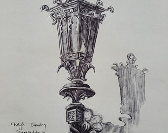 Ballpoint Pen Sketch of an Italian Street Lamp  - 9x12 Fine Art Natural Print