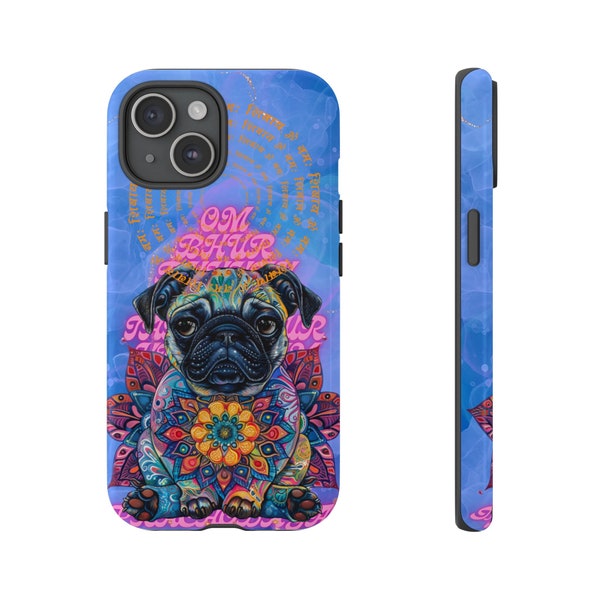 Cute Baby Pug Dual Layer iPhone Case 4 | Zen Mandala Cover for 13/14/15  | Colorful Mandala Dog | Unique & Mystical | For Dog Lovers