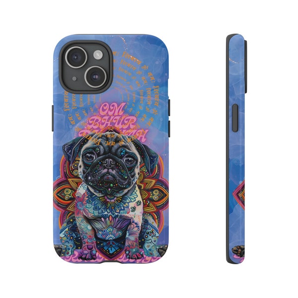 Cute Baby Pug Dual Layer iPhone Case 3 | Zen Mandala Cover for 13/14/15  | Colorful Mandala Dog | Unique & Mystical | For Dog Lovers