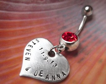 The KEEPSAKE belly button ring Personalized Hand stamped Stainless Steel hearts for names, dates, words, weddings, valentines, anniversaries