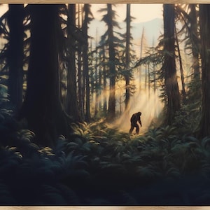 May include: A shadowy figure walks through a dense forest, sunlight streaming through the trees. The figure is tall and appears to be walking on two legs, with long arms and a large head. The forest is lush and green, with ferns and other plants growing on the forest floor.