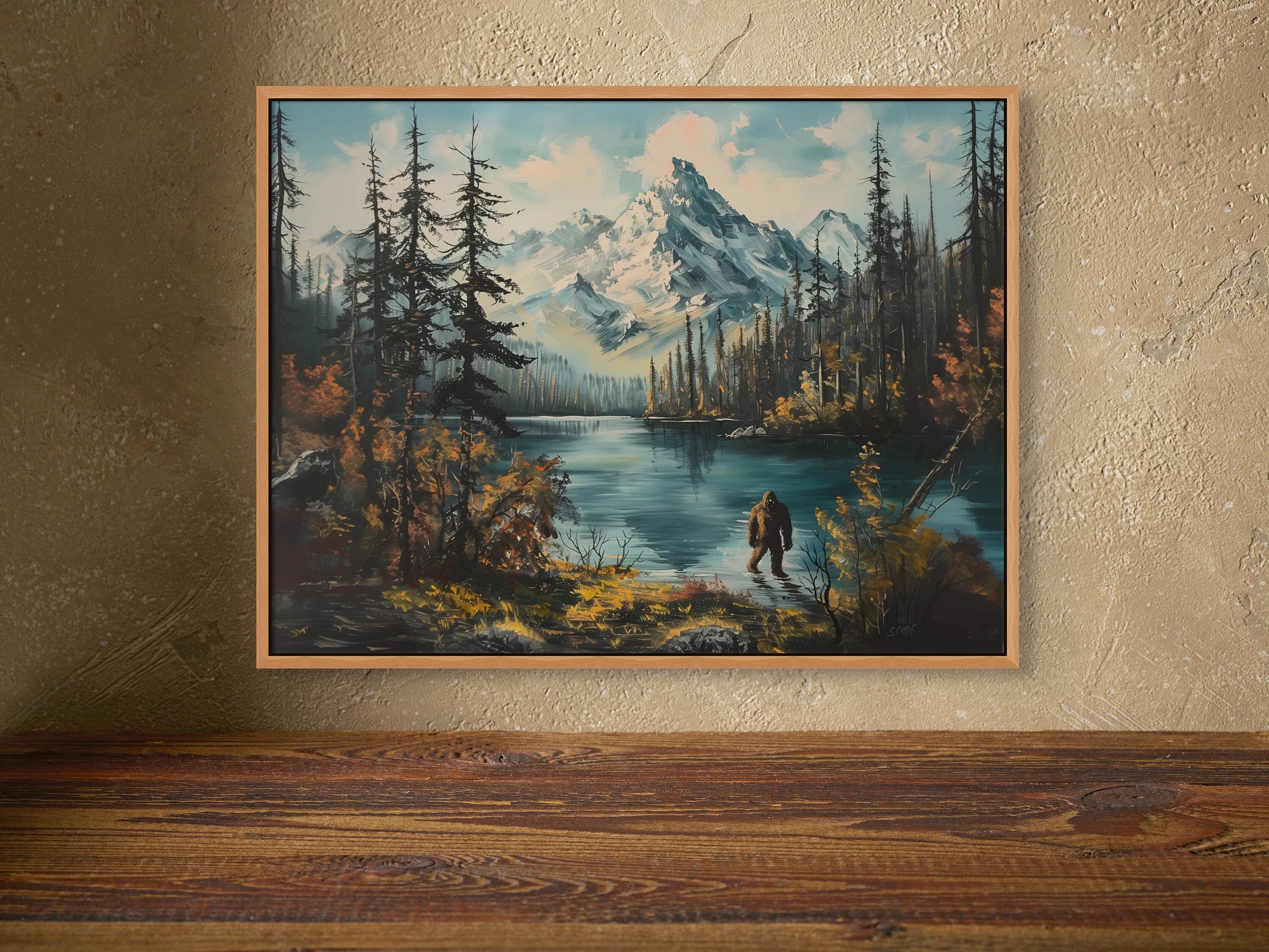 Bigfoot by the Lake Vintage Landscape Art Print for Digital