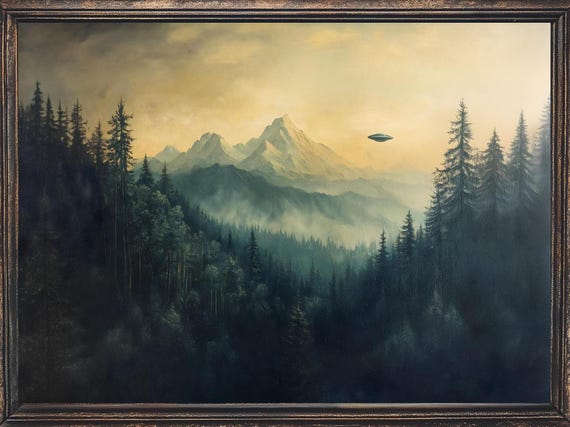 UFO Mountain Forest Vintage Landscape Art Print Digital Download Frame TV Painting Rustic Farmhouse Decor strange Aliens UAP Drone New Hot