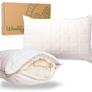 May include: A white cotton pillow with a zippered opening, showing the filling inside. The pillow is quilted with a diamond pattern and has a brown trim. The pillow is packaged in a brown box with the word "Woolizy" printed on it.