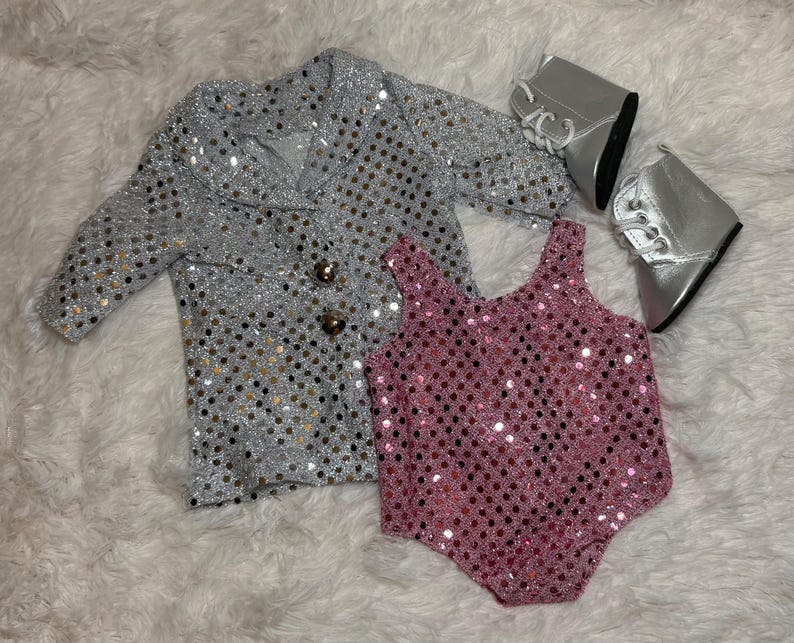 Music Lover 18 Inch Doll Outfit Only | Handmade American Girl Clothes | Silver Jacket & Pink Bodysuit, Concert Fashion, Easter Gift image 3