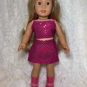 Pink Pop Star Style 2-Piece Sequin 18 Inch Doll Outfit | Handmade American Girl Clothes | Concert Stage Fashion, Music Easter Gift image 1