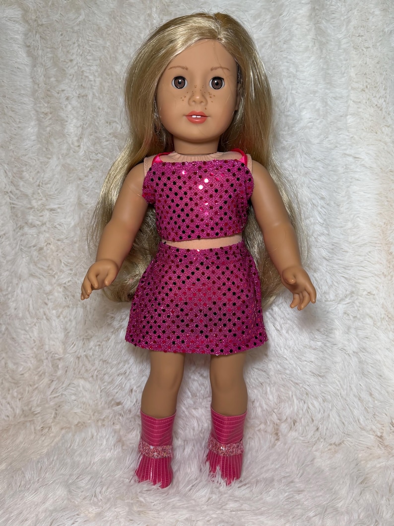 Pink Pop Star Style 2-Piece Sequin 18 Inch Doll Outfit | Handmade American Girl Clothes | Concert Stage Fashion, Music Easter Gift image 1