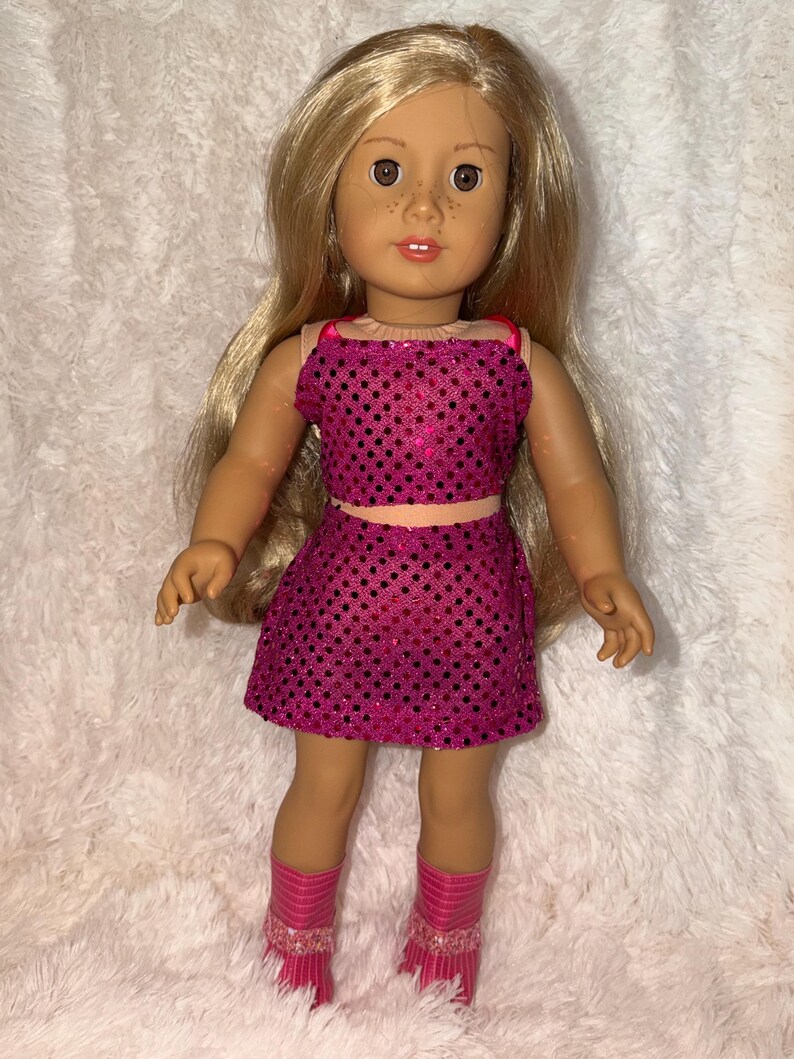 Pink Pop Star Style 2-Piece Sequin 18 Inch Doll Outfit | Handmade American Girl Clothes | Concert Stage Fashion, Music Easter Gift image 6