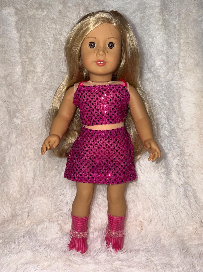 Pink Pop Star Style 2-Piece Sequin 18 Inch Doll Outfit | Handmade American Girl Clothes | Concert Stage Fashion, Music Easter Gift image 12