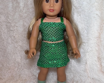 Green Pop Star Style 2-Piece Sequin 18 Inch Doll Outfit | Handmade American Girl Clothes | Concert Stage Fashion, Music Easter Gift