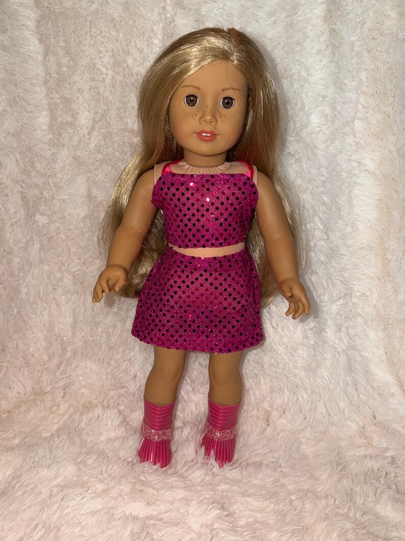 Pink Pop Star Style 2-Piece Sequin 18 Inch Doll Outfit | Handmade American Girl Clothes | Concert Stage Fashion, Music Easter Gift image 4