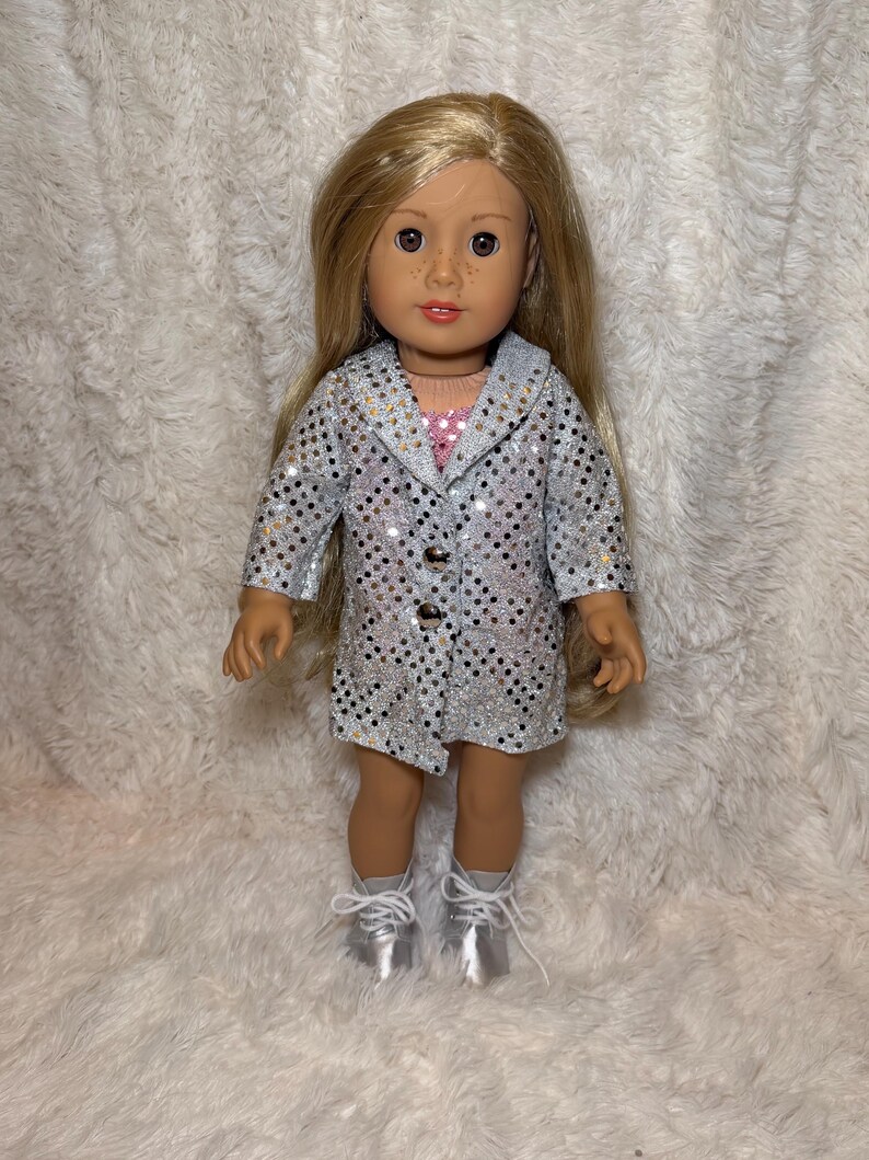 Music Lover 18 Inch Doll Outfit Only | Handmade American Girl Clothes | Silver Jacket & Pink Bodysuit, Concert Fashion, Easter Gift image 1