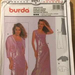 May include: A sewing pattern for a long, sequined evening dress with a matching bolero jacket. The pattern is for sizes 36 to 48 and includes seam and hem allowances. The pattern is from Burda and has the number 8047.