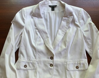 Vintage blanco algodón elástico tamaño 14 White House Black Market blazer - completamente forrado - hermosos detalles - condición prístina como nueva