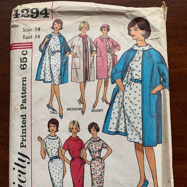 1960s Vintage Misses size 14 Simplicity Jackie O style dress and lined coat pattern Simplicity 4294 - Kimono sleeves - fitted skirt