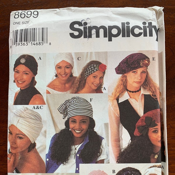 Uncut RARE Hats in Ten Styles pattern Simplicity 8699 - Compliments by Randy Allen - Stretch knits Turbans, Head Wraps, and Berets - Unique