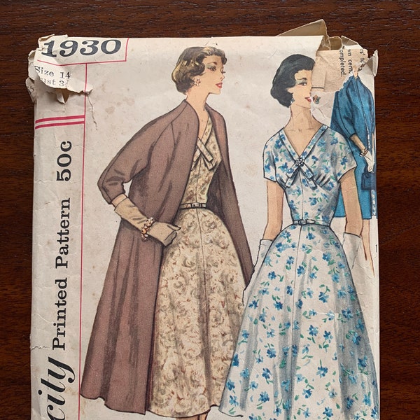 1950s Vintage Misses size 14 day dress with V neck tie and swing coat Simplicity pattern #1930 - classic 50s style - fit and flare