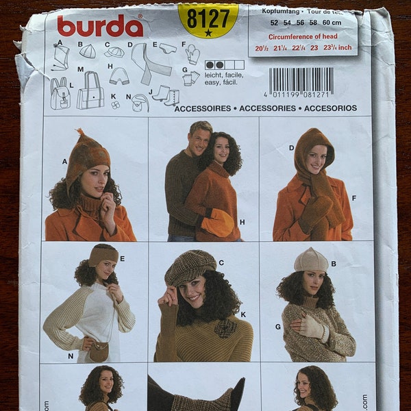 Burda Fleece Accessoires Schnittmuster - Mützen, Mützen, Ohrenwärmer, Pulswärmer, Handschuhe, Gamaschen, Partnerhandschuh, Blume, Rucksack, Tasche, Geldbörse - 8127