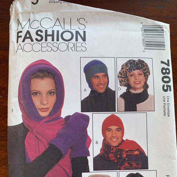 McCall's Fashion Accessories Classic Adult Hats pattern 7805 - fleece scarf hat - wool stretch beanie - fur cowl - mittens