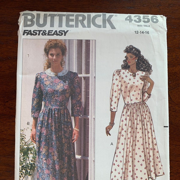 Uncut 1980s Vintage Misses Fit and Flare dress Butterick 4356 - full mid-calf skirt - puffed sleeves with pleat, high round neck