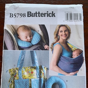 Patrón de cambiador de bebé, soporte para el cuello, portabebés y bolsa de pañales sin cortar Butterick B5798