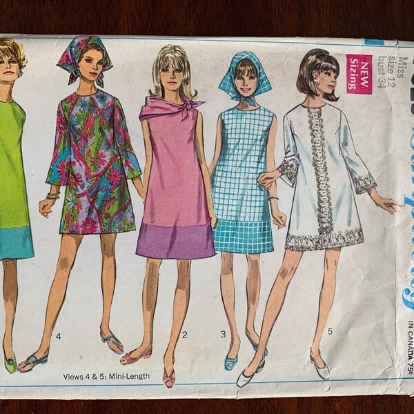 Rare OOP 1960s Vintage Misses size 12 Bust 34 A-line shift dress pattern Simplicity 7529 - color block - sleeveless or bell sleeves