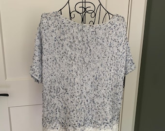 Hand Knit white with blue bobbles cotton top - One of a Kind - Ladies XL